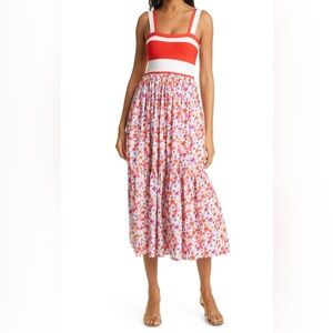 Tanya Taylor Pink & Orange Floral Tiered Midi Skirt